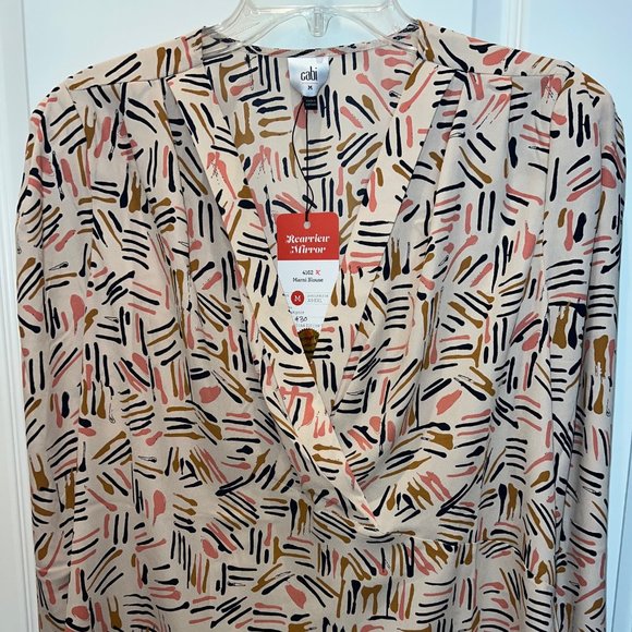 Cabi Marni Blouse Top 4162 V-Neck Chiffon Boho Career Beige Abstract Medium NWT - Picture 3 of 7